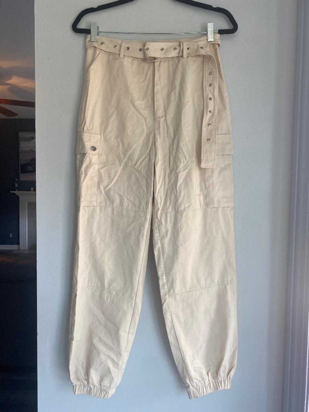 Nasty Gal Ecru Belted Cargo Jogger Pants